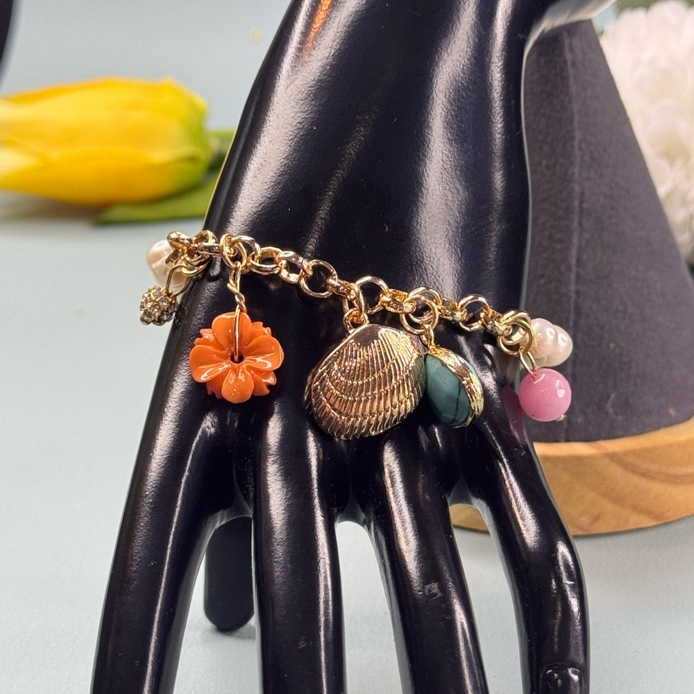 Cream and Gold Charm Bracelet with Pearly Beads Sea Motif NWOT